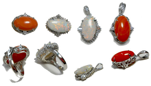 オパールダイヤ、赤珊瑚ダイヤ指輪の作り替えリフォームです。